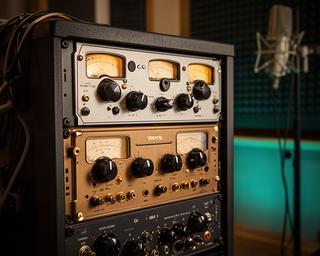 スタジオラックに並ぶNeve 1073とAPI 512cのマイクプリアンプ