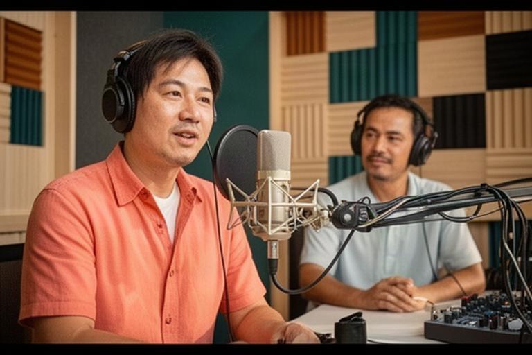 沖縄の防音ブースでマイクに向かって収録するポッドキャスト出演者と音響スタッフ