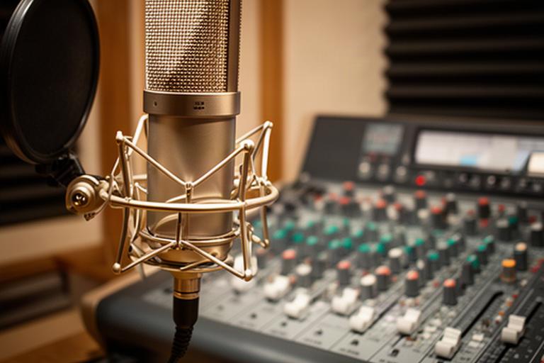 沖縄の音声収録スタジオに設置されたコンデンサーマイクとミキサー