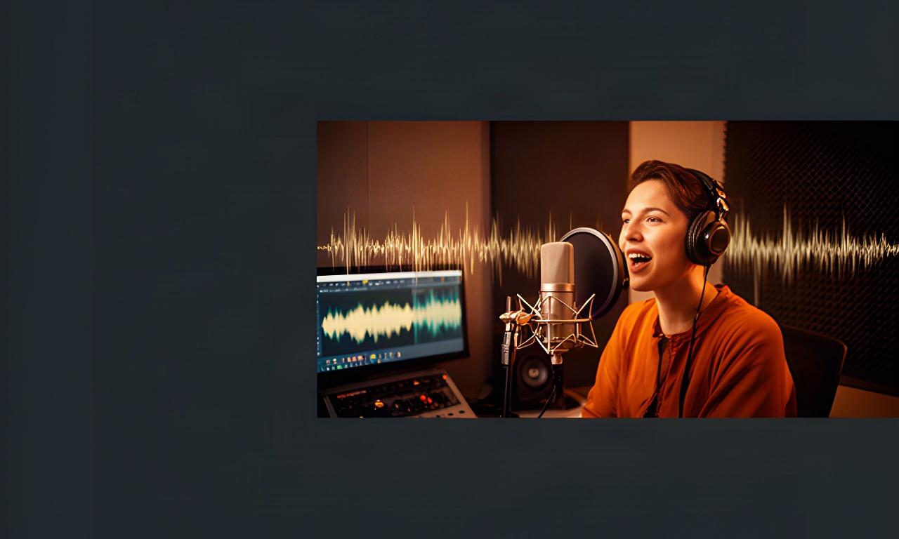 防音ブースで高感度マイクに向かって話す声のクリエイターと音声波形モニター
